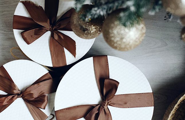 Wrapped parcels tied with ribbon, photographed from above